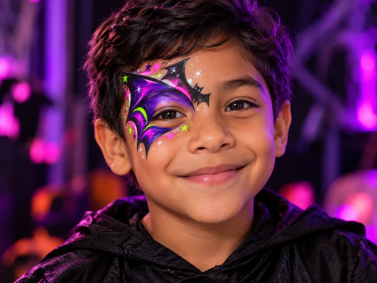 Niño sonriente con alas de murciélago violeta y estrellas rosa y lima pintadas alrededor de un ojo