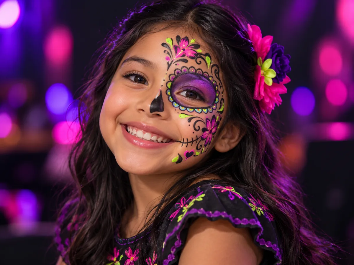 Niña con maquillaje artístico de calavera floral en rosa, violeta y lima
