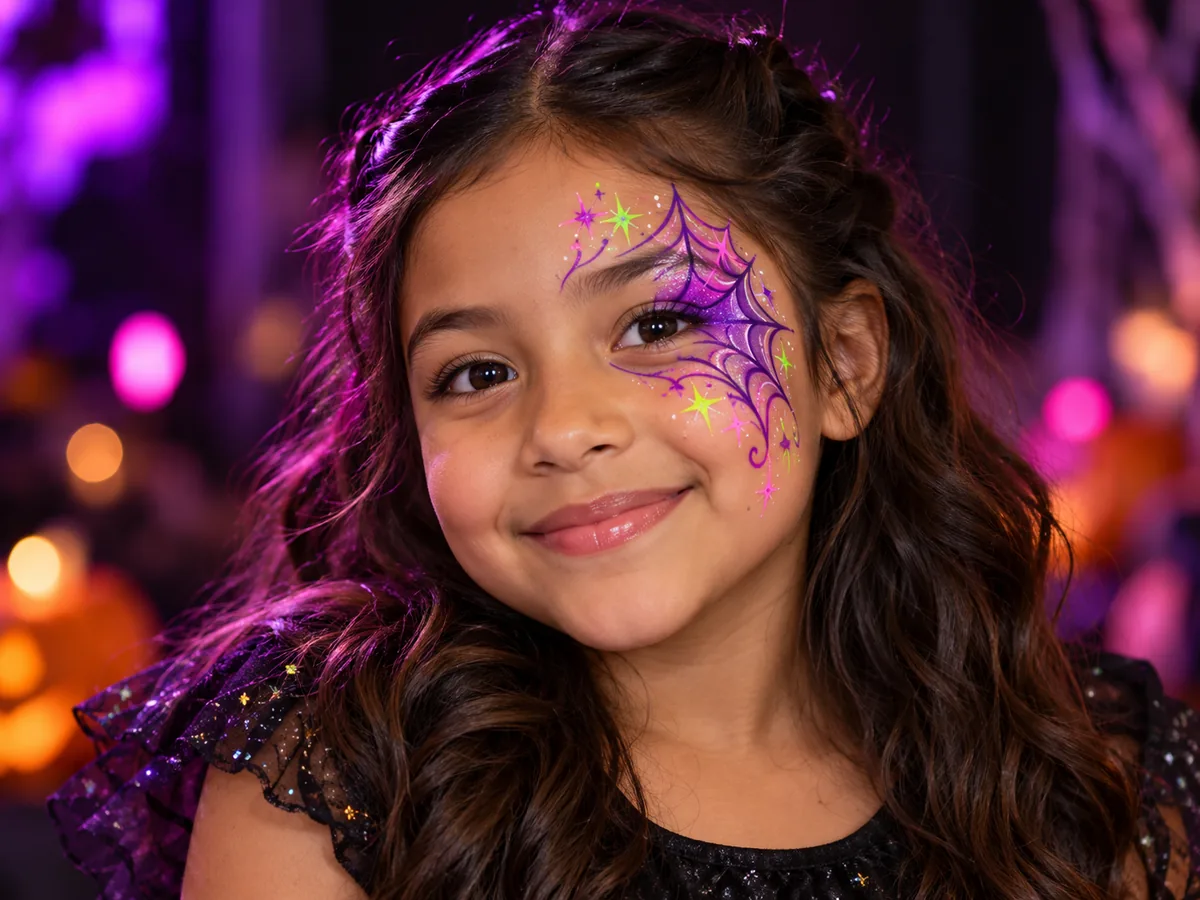 Niña con diseño de telaraña violeta y estrellas rosa y lima pintadas alrededor de un ojo