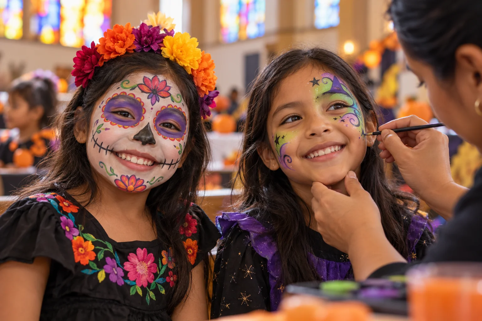 Dos niñas sonríen mientras una artista termina sus caritas pintadas de Catrina floral y brujita