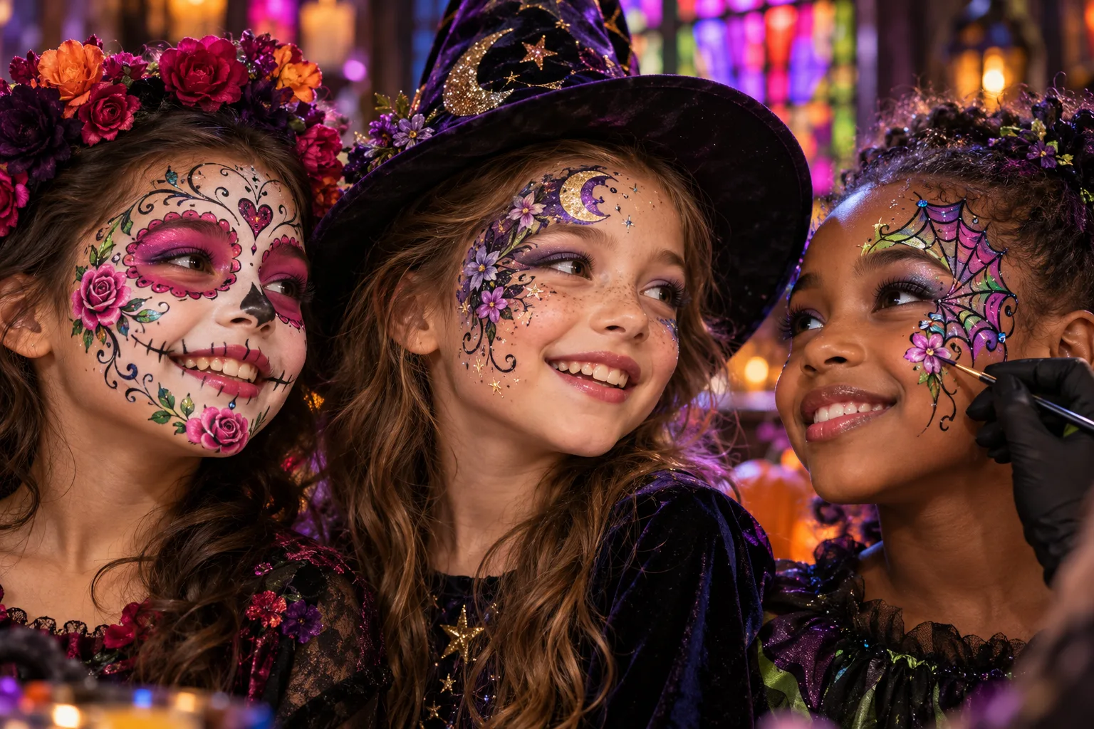 Tres niños sonríen con diseños de caritas pintadas florales y de fantasía mientras una artista termina un detalle